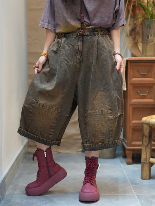 Women Worn Denim Wide-leg Cropped Pants