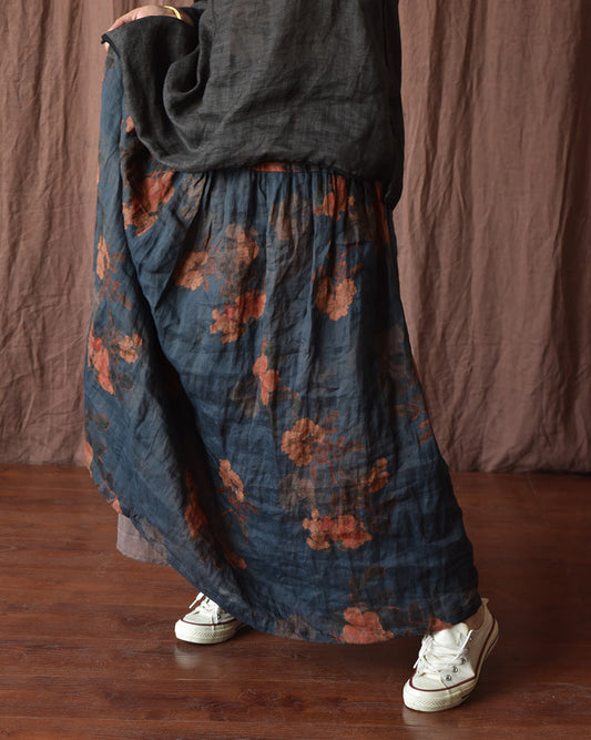 Women Summer Vintage Flower Ramie Loose Skirt
