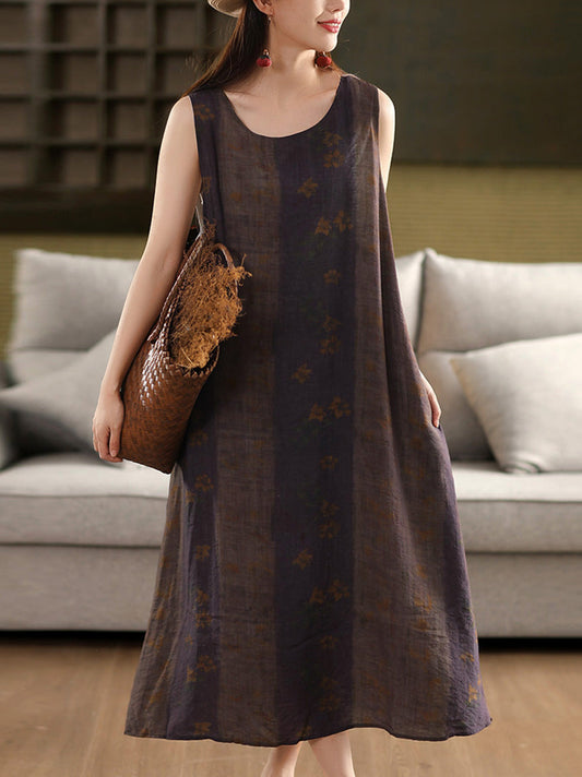 Women Summer Retro Floral Stripe O-Neck Vest Dress