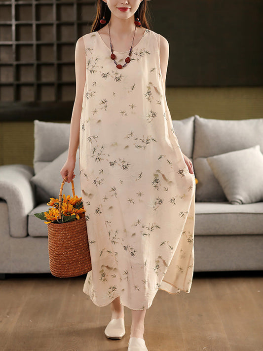Women Summer Retro Floral Stripe O-Neck Vest Dress