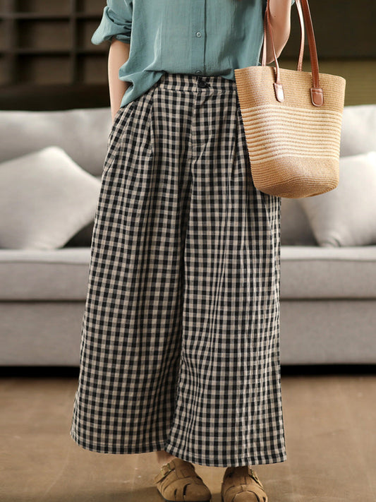 Women Summer Vintage Plaid Cotton Wide-leg Pants