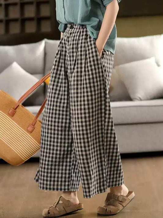 Women Summer Vintage Plaid Cotton Wide-leg Pants