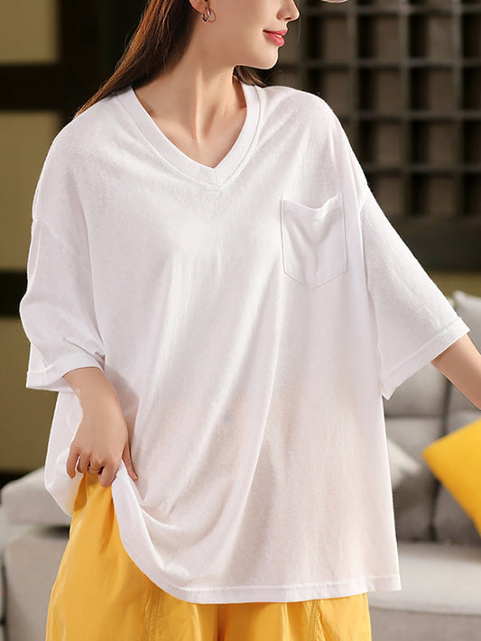 Women Summer Pure Color V-Neck 100%Cotton Shirt