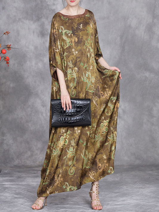 Women Summer Flower Batwing Sleeve O-Neck Maxi Dress