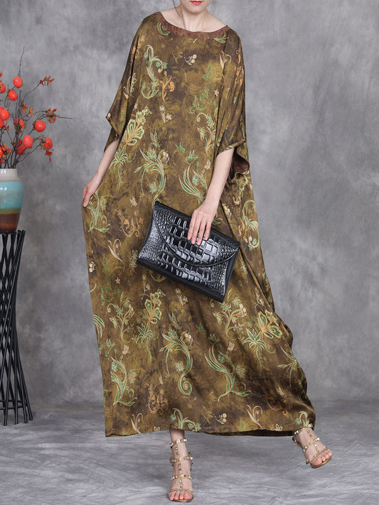 Women Summer Flower Batwing Sleeve O-Neck Maxi Dress