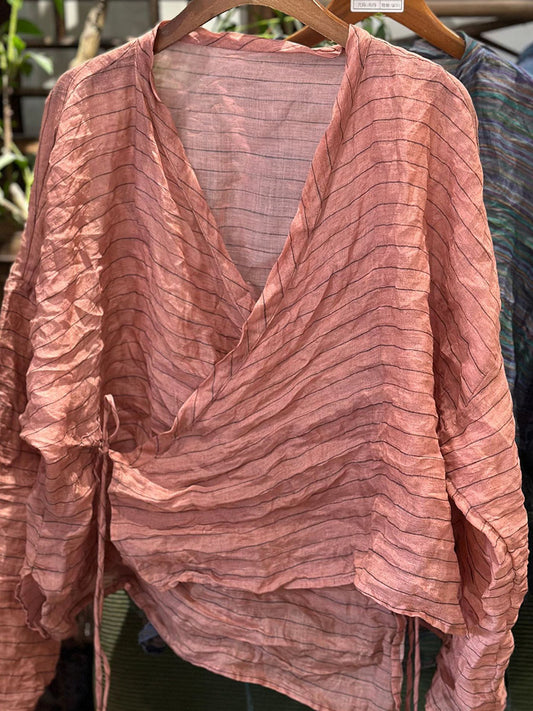 Women Summer Vintage Floral Stripe V-Neck Ramie Shirt