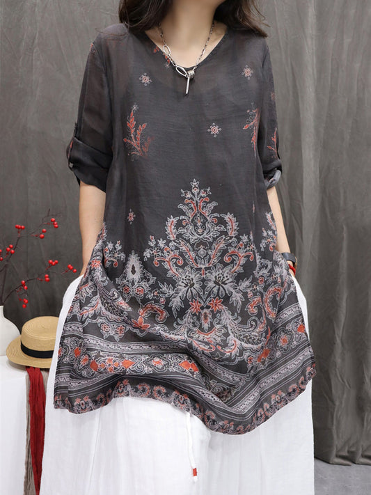 Women Summer Retro Flower V-Neck 100%Ramie Shirt