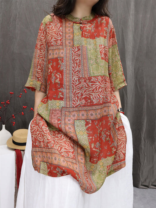 Women Summer Retro Flower Stand Collar 100%Ramie Shirt