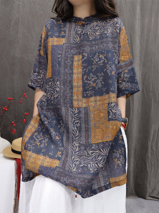 Women Summer Retro Flower Stand Collar 100%Ramie Shirt