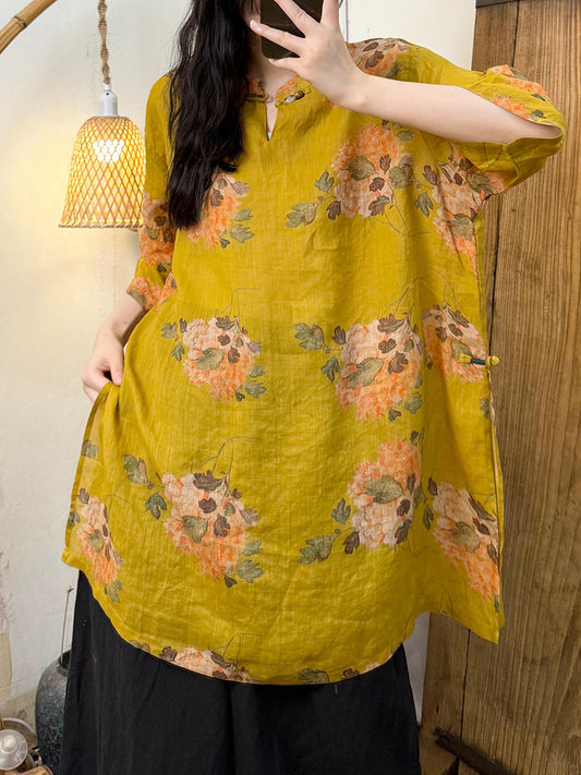 Women Summer Retro Flower Stand Collar Ramie Shirt
