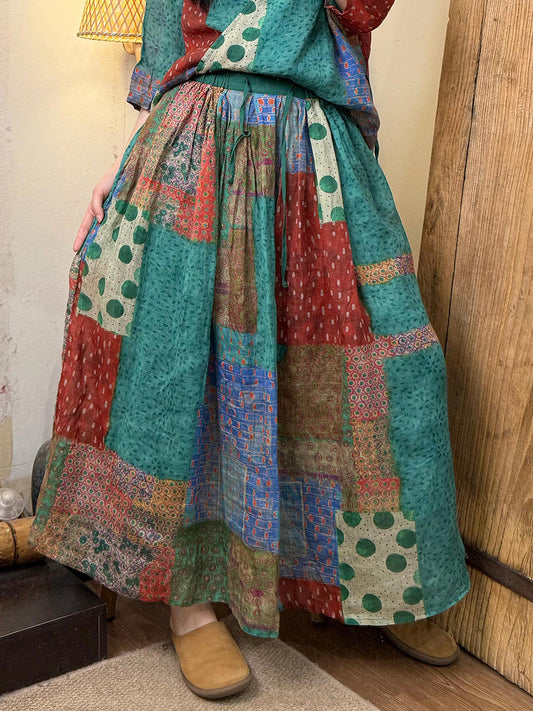 Women Summer Vintage Flower Patchwork Ramie Skirt