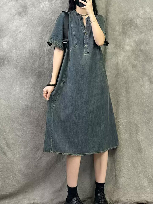 Women Spring Retro Pure Color Denim V-Neck Dress