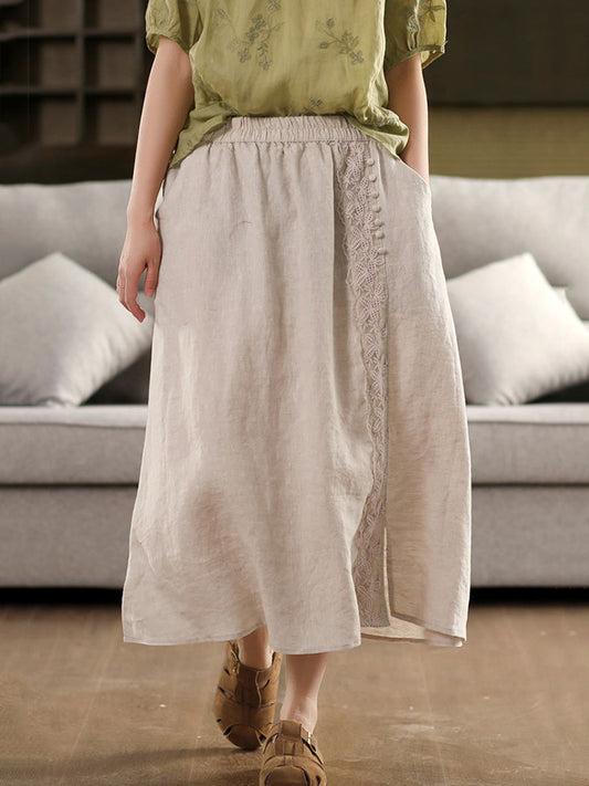 Women Summer Pure Color Lace 100%Linen Skirt
