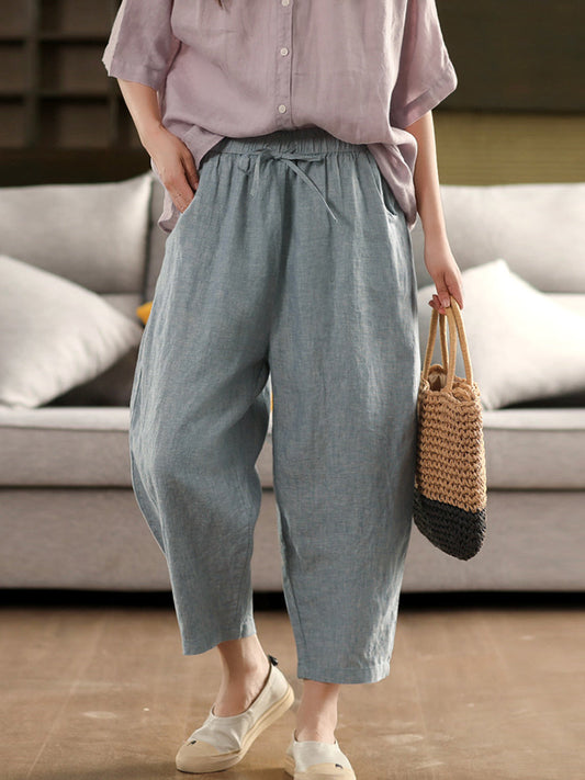 Women Summer Retro Pure Color 100%Linen Harem Pants