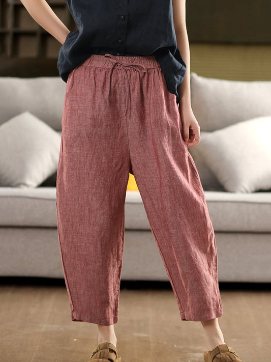 Women Summer Retro Pure Color 100%Linen Harem Pants