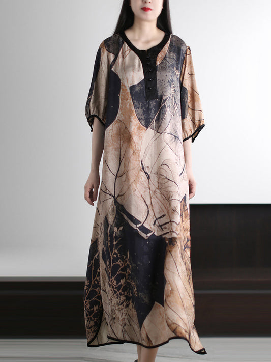 Women Summer Vintage Leaf O-Neck Maxi Dress