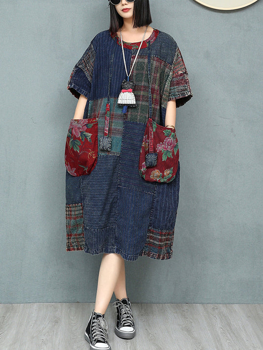 Women Summer Retro Patchwork O-Neck Cotton Dress