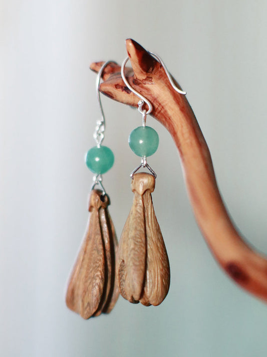 Women Ethnic Wooden Flower Bead S925Silver Earrings