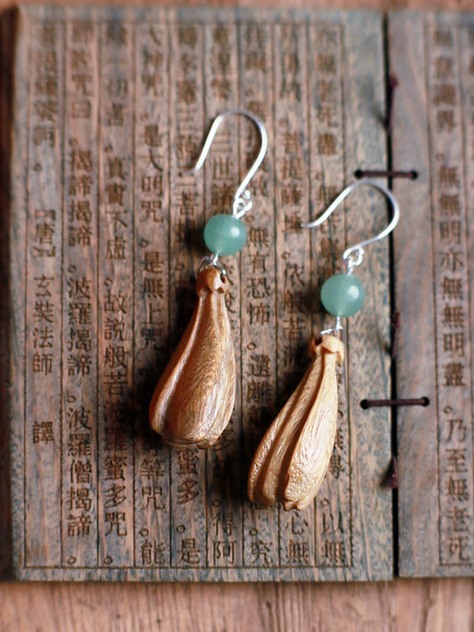Women Ethnic Wooden Flower Bead S925Silver Earrings