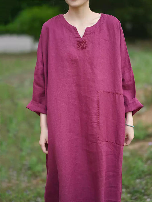 Women Summer Artsy Pure Color V-Neck 100%Linen Dress
