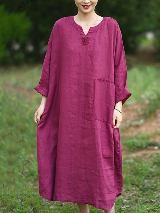 Women Summer Artsy Pure Color V-Neck 100%Linen Dress