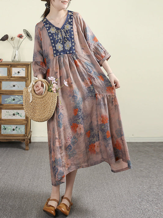 Women Summer Vintage Flower Embroidery V-Neck 100%Ramie Dress
