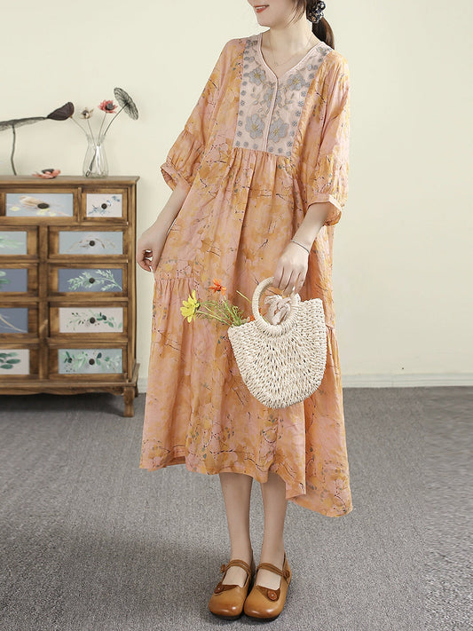 Women Summer Vintage Flower Embroidery V-Neck 100%Ramie Dress