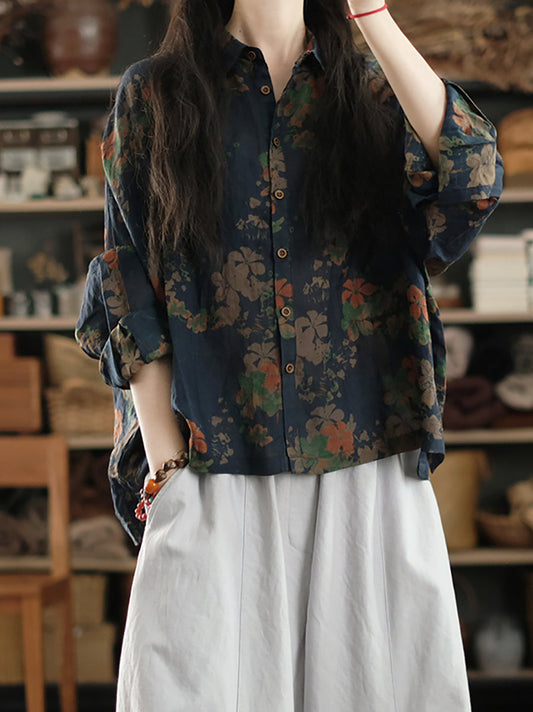 Women Summer Artsy Flower Turn-down Collar 100%Ramie Shirt
