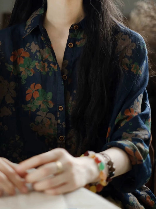 Women Summer Artsy Flower Turn-down Collar 100%Ramie Shirt