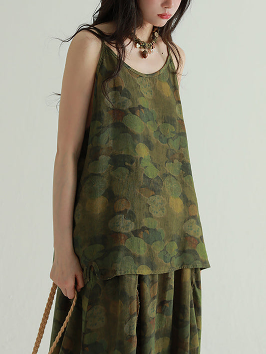 Women Summer Retro Lotus Leaf 100%Cotton Vest