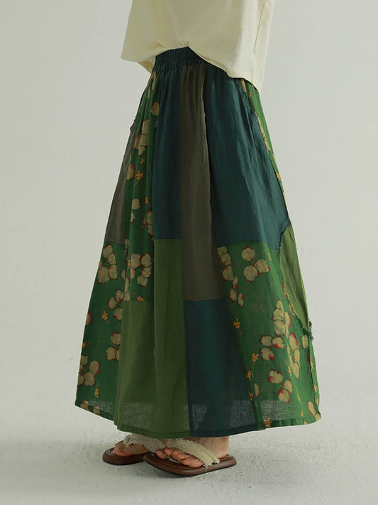 Women Summer Retro Flower Colorblock Spliced Skirt
