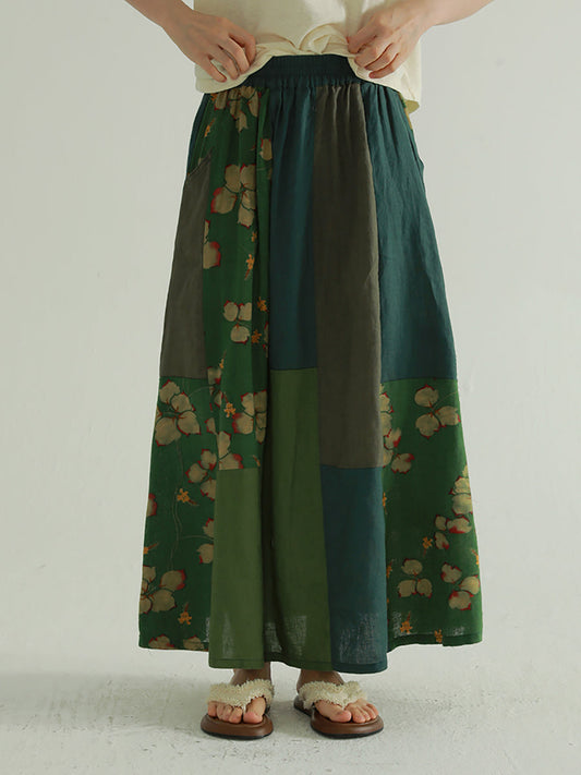 Women Summer Retro Flower Colorblock Spliced Skirt