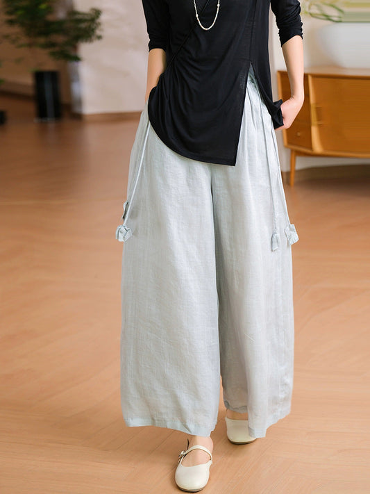 Women Summer Casual Pure Color 100%Ramie Wide-leg Pants