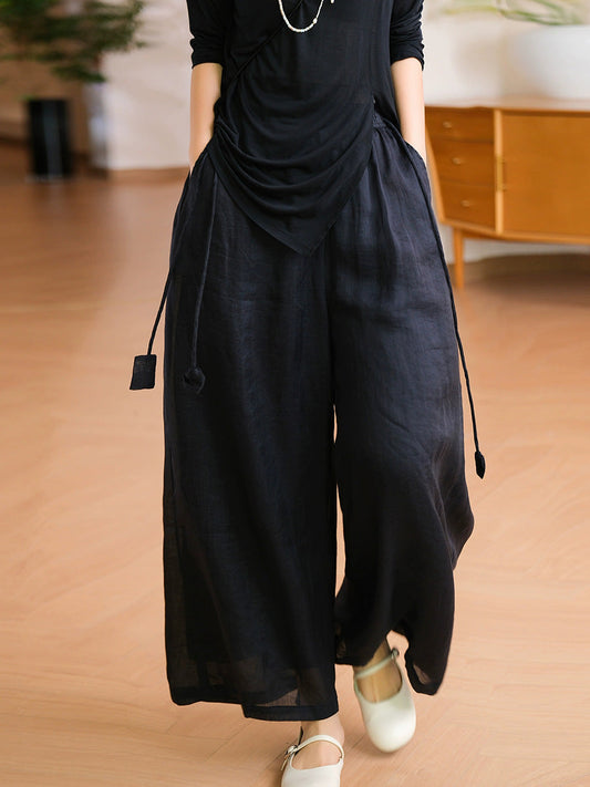 Women Summer Casual Pure Color 100%Ramie Wide-leg Pants
