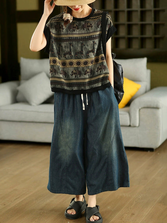 Women Retro Summer Washed Denim Wide-leg Pants