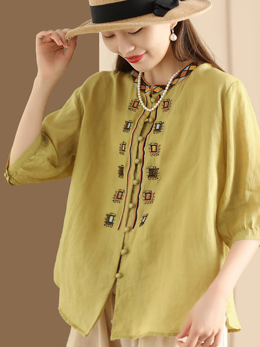 Women Summer Ethnic Embroidery Ramie Shirt