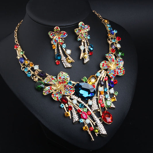 Crystal Flower Color Necklace And Earrings Set