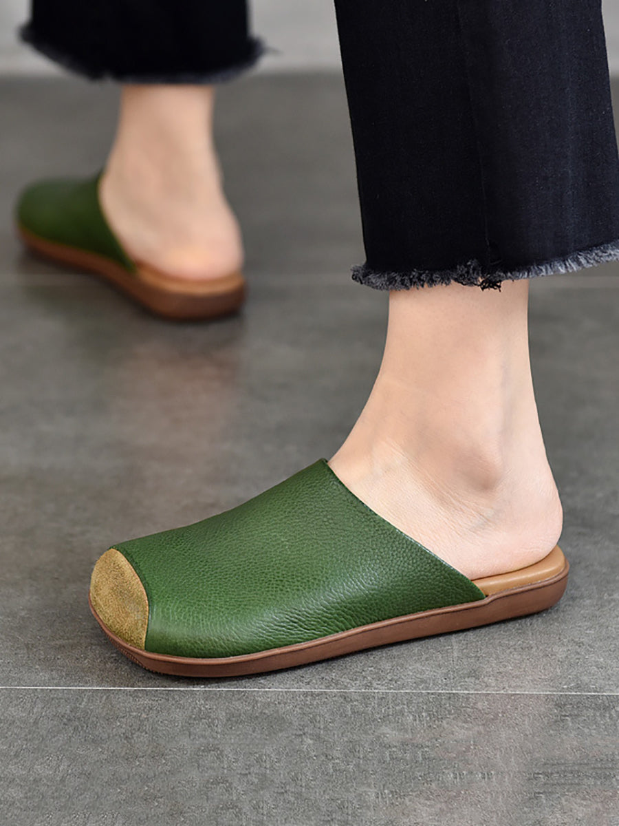 Women Summer Artsy Colorblock Leather Slippers