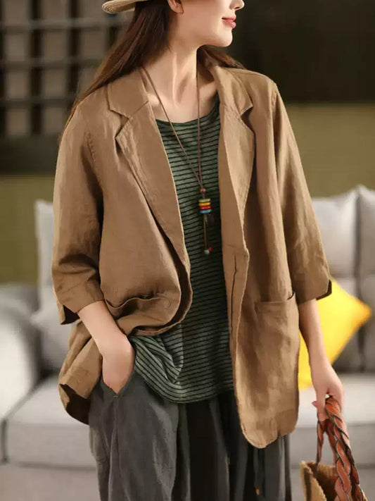 Women Summer Artsy Pure Color 100%Linen Shirt Coat