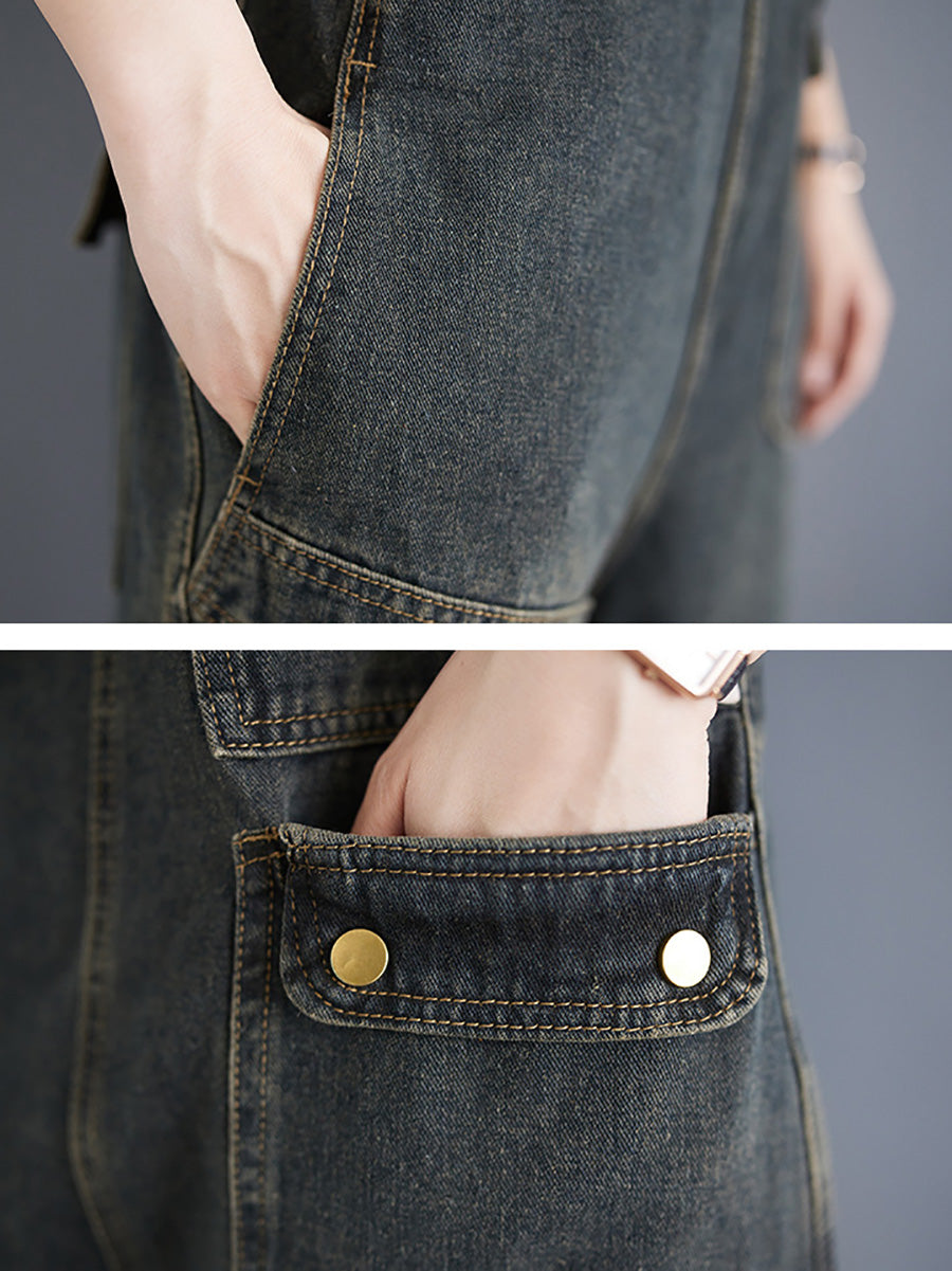 Women Vintage Solid Dissymmetry Pocket Denim Jumpsuits