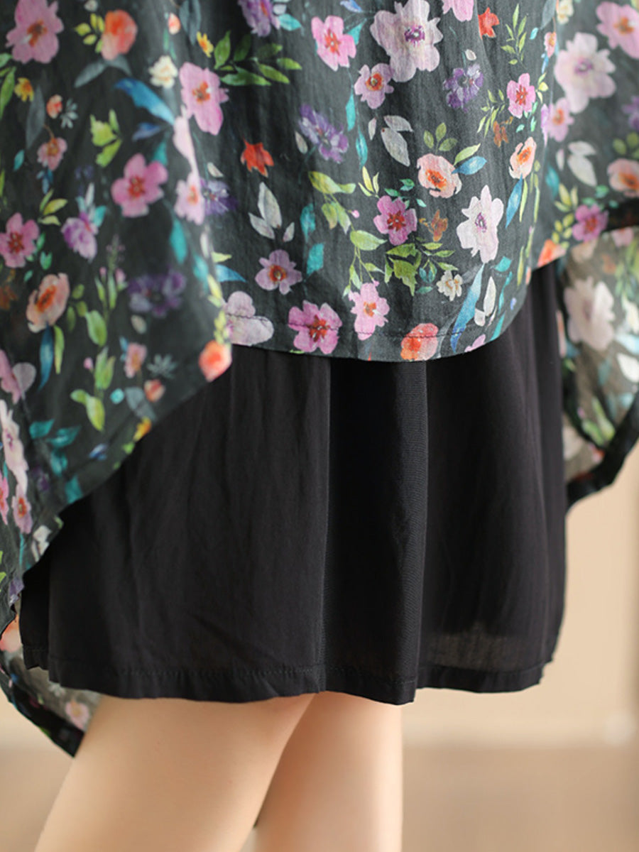 Women Artsy Summer Flower Ramie A-shape Skirt