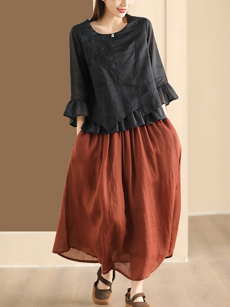 Women Spring Artsy Spliced Embroidery Solid  Linen Blouse