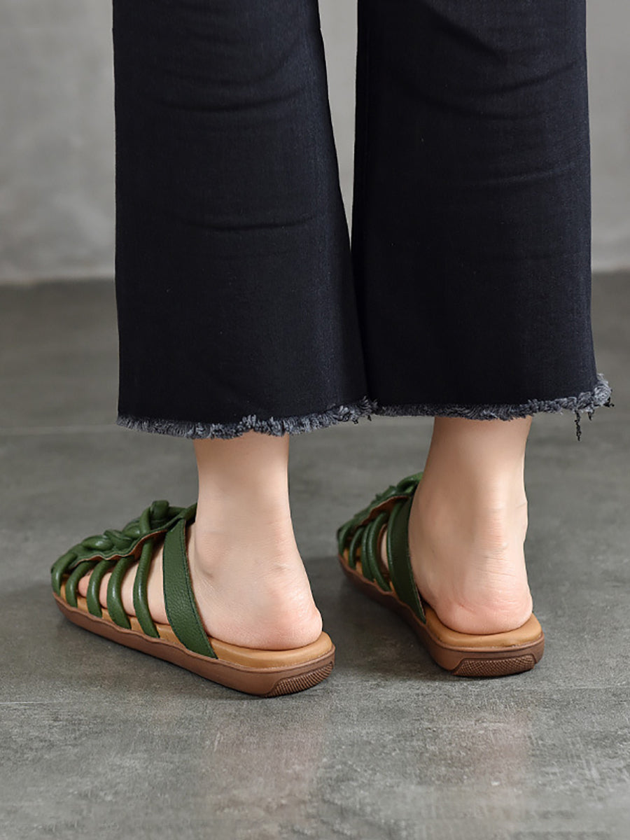 Women Summer Solid Leather Spliced Flat Slippers