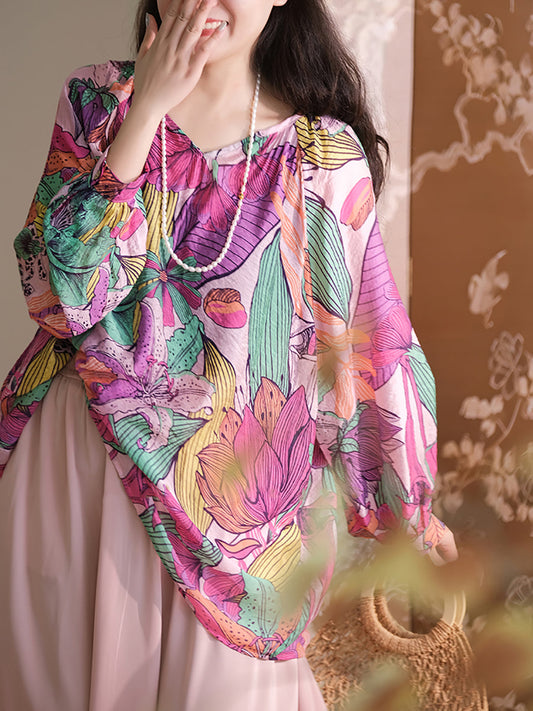 Women Spring Flower Print V-neck Linen Blouse