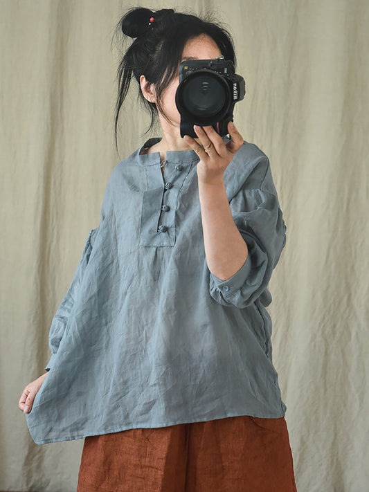 Women Vintage Solid 100%Ramie Summer Loose Shirt