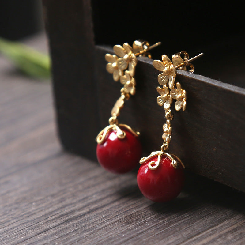 Red Shell Bead Chinese Style Flower Stud Earrings