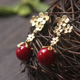 Red Shell Bead Chinese Style Flower Stud Earrings
