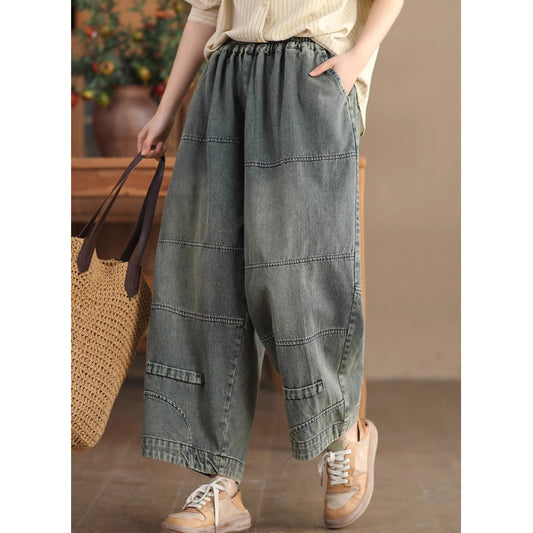 Pantalon rétro patchwork en coton, taille élastique, jambes larges et amples