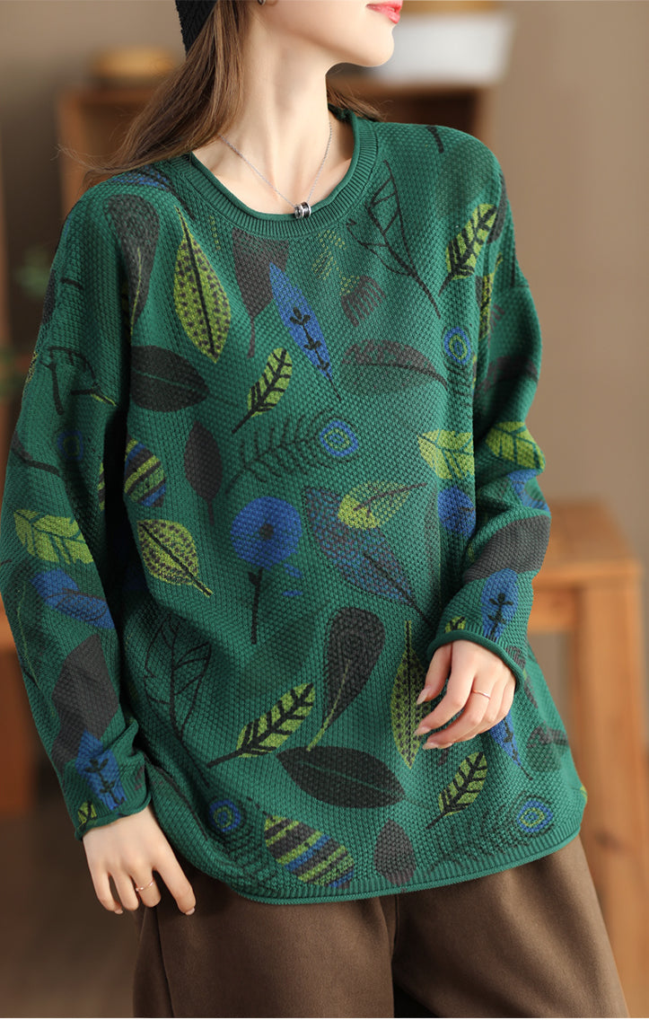 Retro Printed Knitted Artistic Round Neck Long Sleeve Loose Sweater