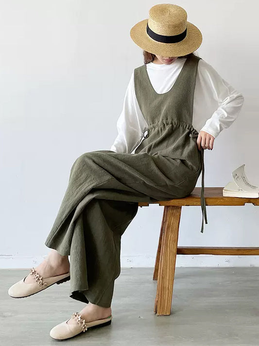 Women Summer Solid Drawstring V-Neck Linen Jumpsuits